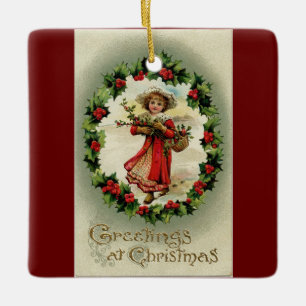 Vintage Girl With Basket Ceramic Ornament