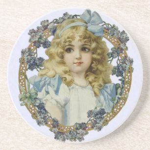 Vintage Girl with Beautiful Flowers and Bow Coaster