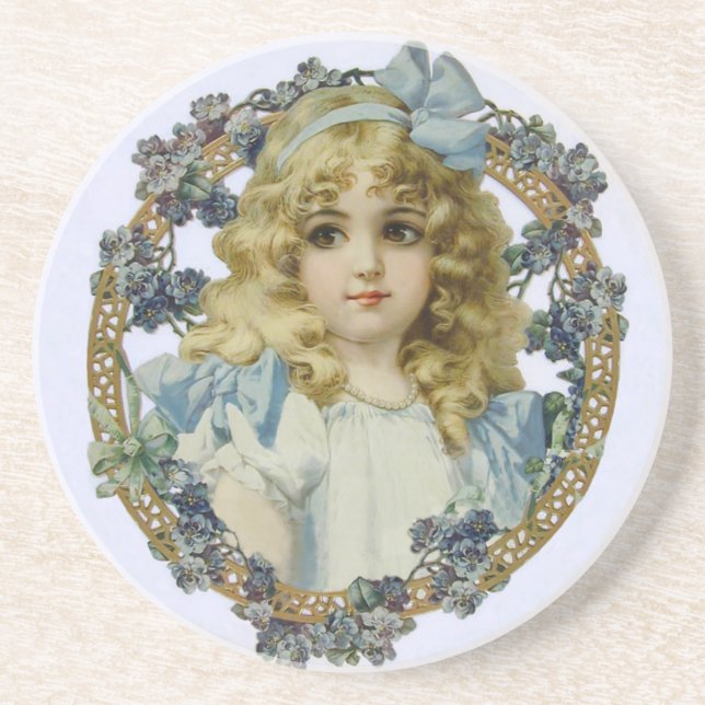 Vintage Girl with Beautiful Flowers and Bow Coaster (Front)