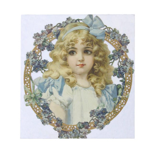 Vintage Girl with Beautiful Flowers and Bow Notepad (Front)