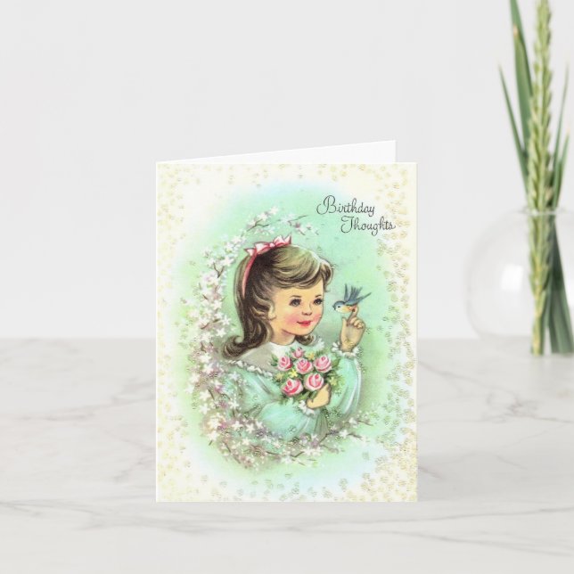 Vintage Girl with Bird Birthday Card (Front)
