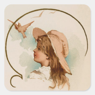 Vintage Girl With Birds Square Sticker