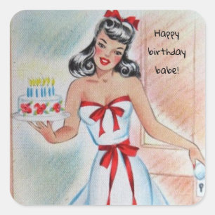 Vintage Girl With Birthday Cake Square Sticker