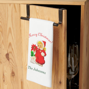 Vintage Girl With Bunny Christmas Kitchen Towel
