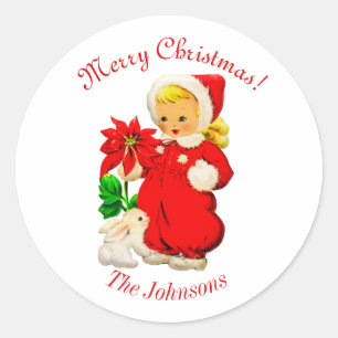 Vintage Girl With Bunny Christmas Round Sticker