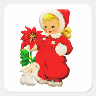 Vintage Girl With Bunny Christmas Square Sticker