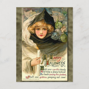 Vintage Girl with Candles Girl and Goblins Holiday Postcard