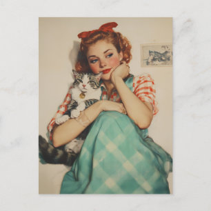 Vintage Girl with Cat Postcard