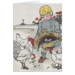 Vintage Girl With Chickens, E is an Egg