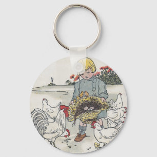 Vintage Girl With Chickens, E is an Egg Key Ring