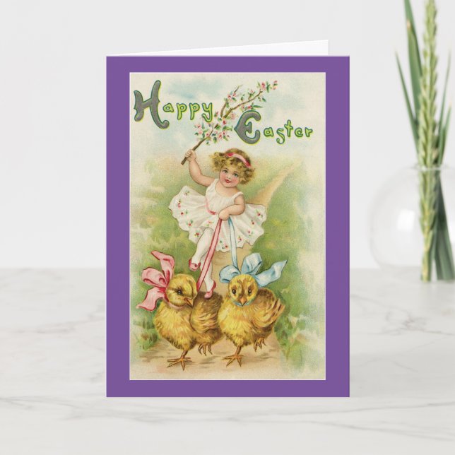Vintage Girl With Chicks Easter Card (Front)