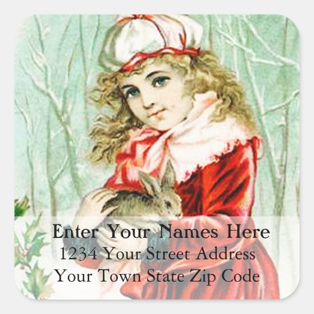 Vintage Girl With Christmas Rabbit Address Label (Front)