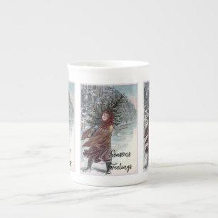 Vintage girl with Christmas tree Bone China Mug