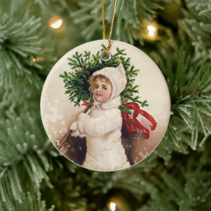 Vintage Girl with Christmas Tree, Ellen Clapsaddle Ceramic Tree Decoration