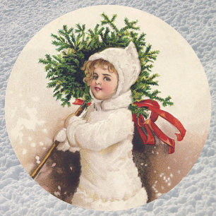 Vintage Girl with Christmas Tree, Ellen Clapsaddle Classic Round Sticker