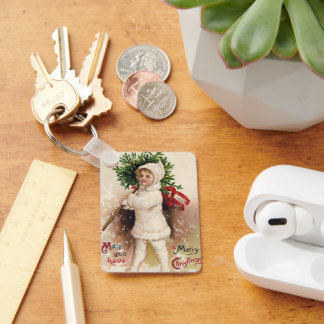 Vintage Girl with Christmas Tree, Ellen Clapsaddle Key Ring