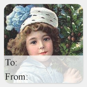Vintage Girl With Christmas Tree Gift Tag