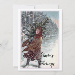 Vintage girl with Christmas tree Holiday Card
