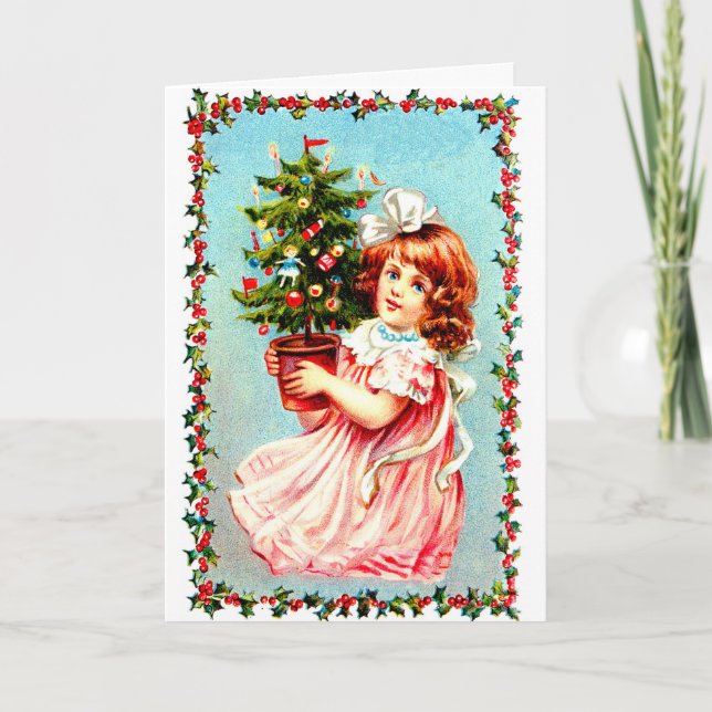 Vintage Girl With Christmas Tree Holiday Card (Front)