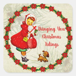 Vintage Girl With Dog Bearing Gifts Square Sticker