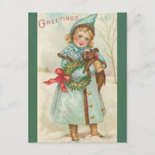 Vintage Girl With Dog Christmas Postcard