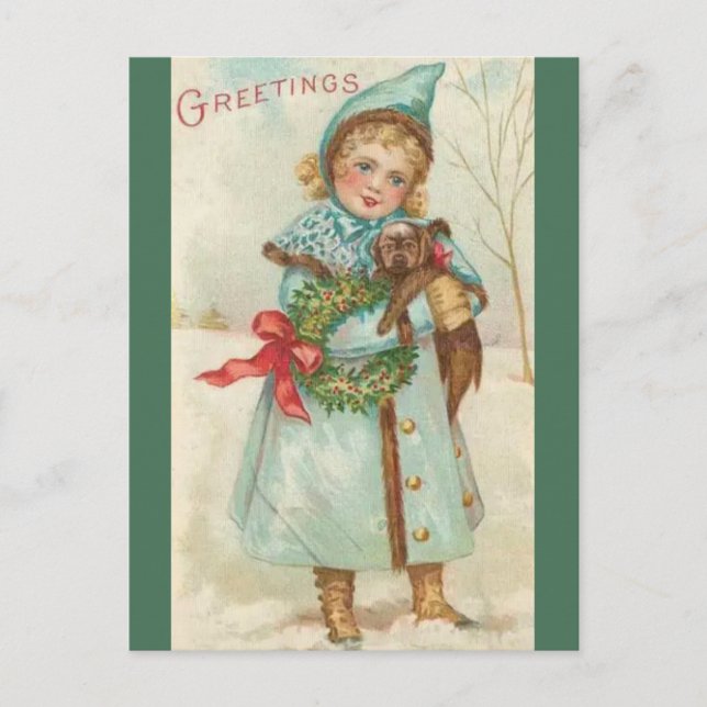 Vintage Girl With Dog Christmas Postcard (Front)