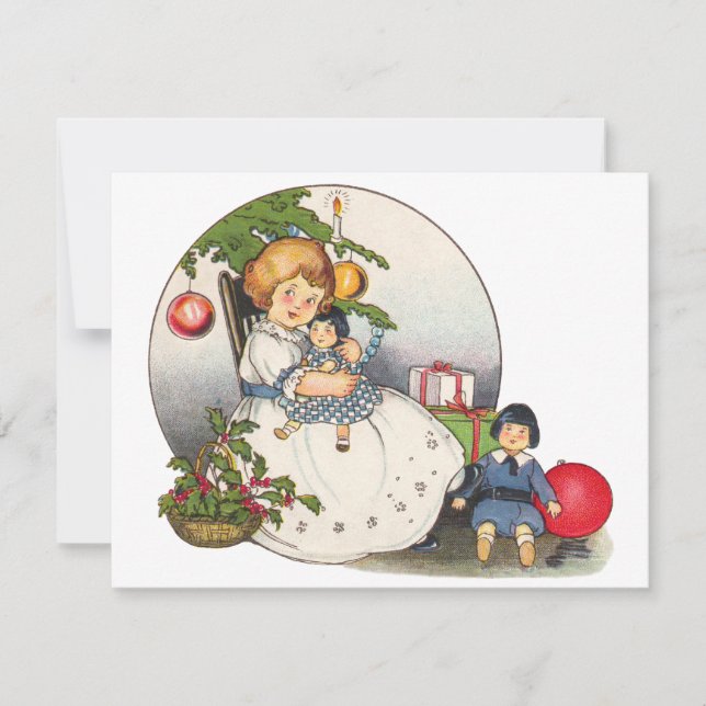 Vintage Girl with Doll Christmas Party Invitation (Front)