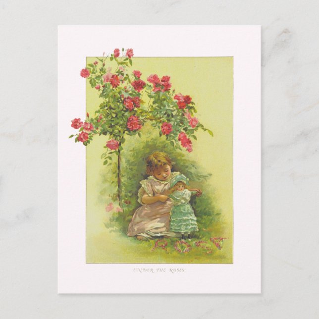 Vintage Girl with Doll under Roses Colour Postcard (Front)
