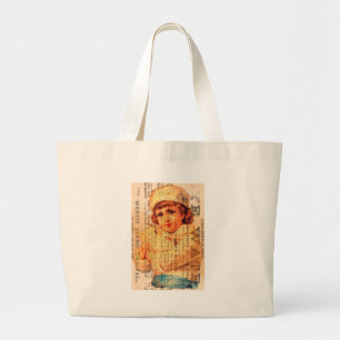 Vintage Girl With Dove and Ads Large Tote Bag