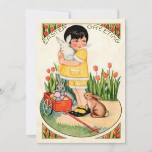 Vintage Girl With Easter Bunnies & Eggs Easter Holiday Card