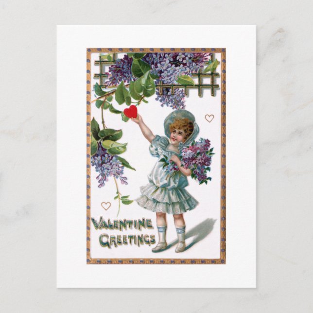 Vintage Girl with Flowers and Valentine Greeting Postcard (Front)