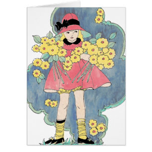 Vintage Girl with Flowers for Spring and a Cloud