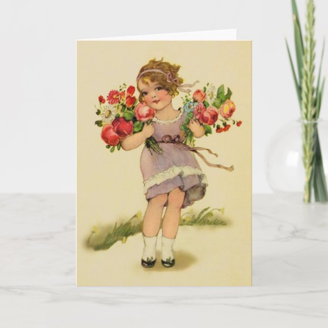 Vintage Girl With Flowers Note Card (Front)