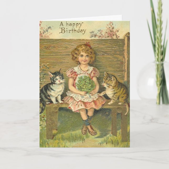 Vintage Girl with Kittens Birthday Card (Front)