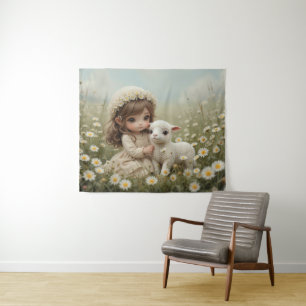 Vintage Girl with Lamb in Meadow Spring Tapestry