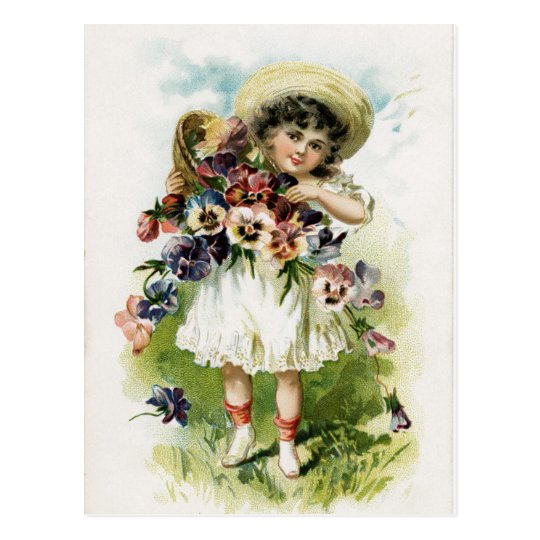 Vintage Girl with Pansies Postcard