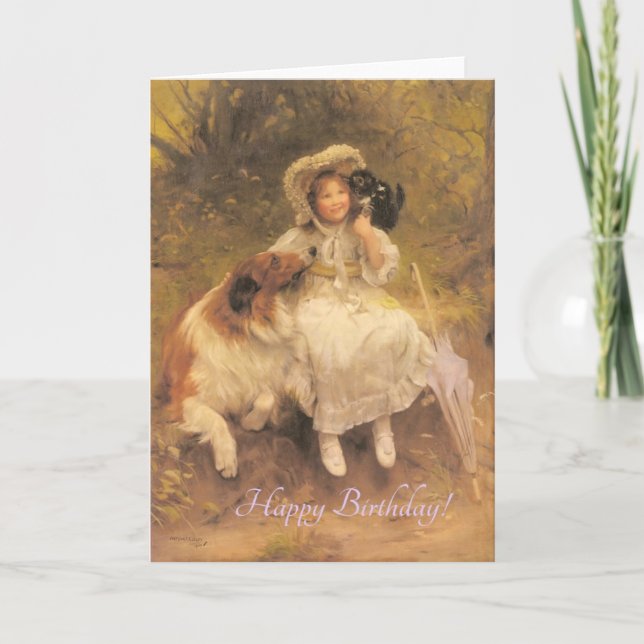 Vintage Girl With Pets, Birthday Card (Front)
