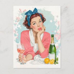 Vintage Girl with Pink Champagne Postcard
