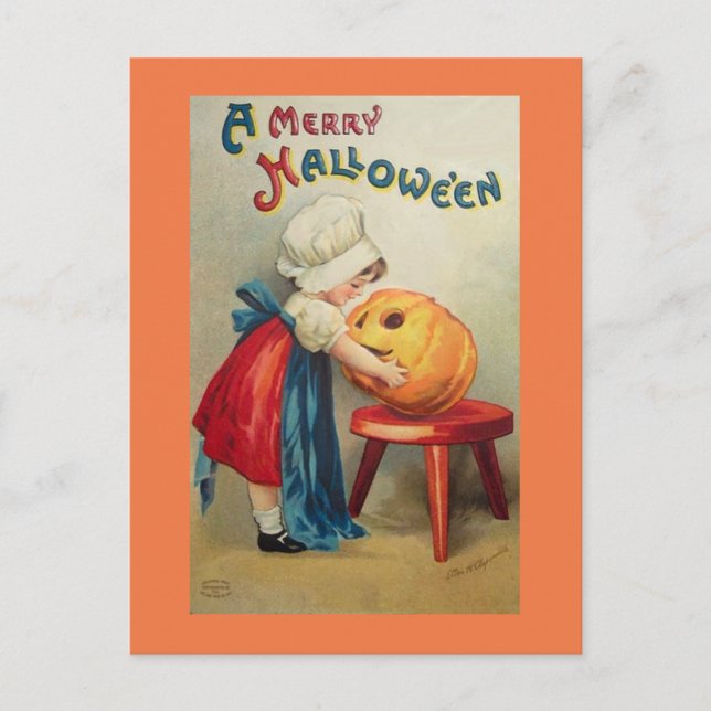 Vintage Girl With Pumpkin Postcard (Front)