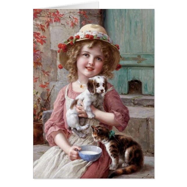 Vintage Girl with Puppy & Kitten, (Front)