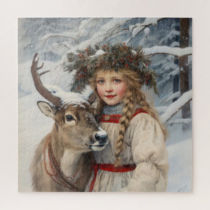 Vintage Girl with Reindeer Jigsaw Puzzle