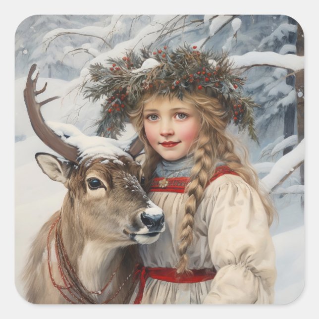 Vintage Girl with Reindeer Square Sticker (Front)