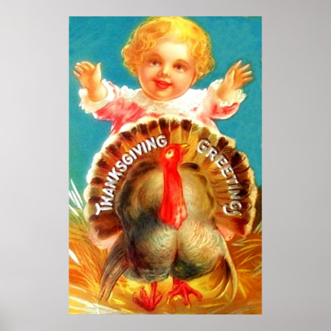 Vintage Girl With Turkey Thanksgiving Poster (Front)