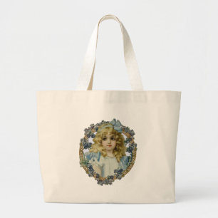 Vintage Girl with Victorian Blue Bow and Flowers Large Tote Bag