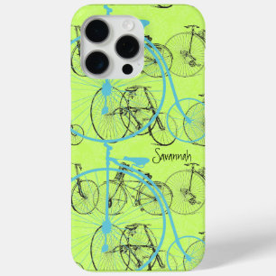 Vintage Girl Yellow Lime Aqua Bike Damask iPhone 15 Pro Max Case