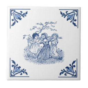 Vintage Girls Dancing Ring  Delft Blue & White Tile