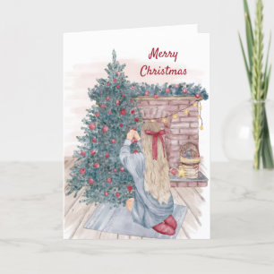 Vintage Girls Decorating Tree Fireplace Christmas Holiday Card