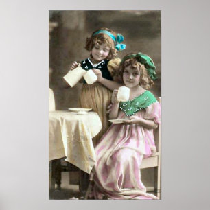 Vintage Girls Drinking Tea, 1910 Poster