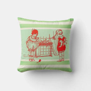 Vintage Girls Playing with Mouse Green and White Cushion