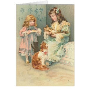 Vintage - Girls' Playtime with Cat & Kittens,